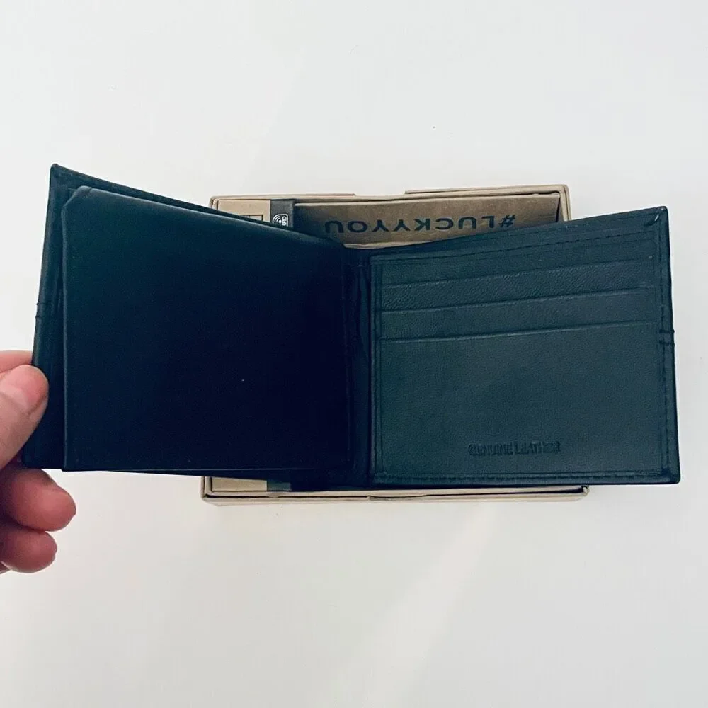 NWT Gorgeous lucky brand Men black bifold genuine leather RFID Wallet w/Gift Box